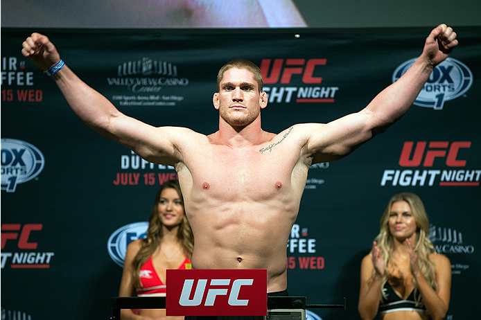 SAN DIEGO, CA - JULY 14: Todd Duffee steps on the scale during the UFC weigh-in at the Valley View Casino Center on July 14, 2015 in San Diego, California. (Photo by Jeff Bottari/Zuffa LLC/Zuffa LLC via Getty Images)