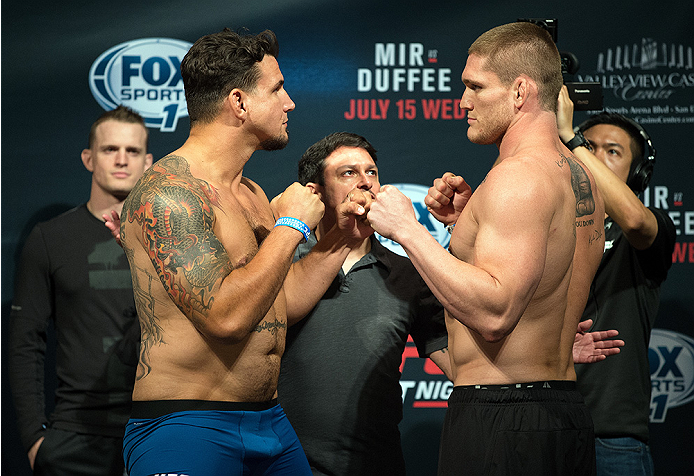 SAN DIEGO, CA - JULY 14: (L-R) Frank Mir and Todd Duffee face-off during the UFC weigh-in at the Valley View Casino Center on July 14, 2015 in San Diego, California. (Photo by Jeff Bottari/Zuffa LLC/Zuffa LLC via Getty Images)