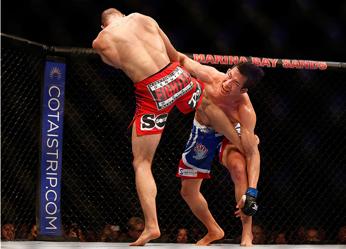SINGAPORE - JANUARY 04: (L-R) Tarec Saffiedine kicks Lim Hyun Gyu in their welterweight bout during the UFC Fight Night event at the Marina Bay Sands Resort on January 4, 2014 in Singapore. (Photo by Josh Hedges/Zuffa LLC/Zuffa LLC via Getty Images)