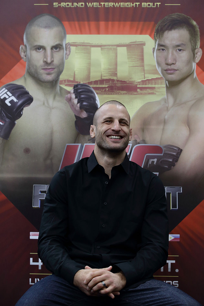 SINGAPORE - JANUARY 02: Tarec Saffiedine attends the UFC Fight Night Singapore Ultimate Media Day at the Skating Rink at The Shoppes at Marina Bay Sand on January 2, 2014 in Singapore. (Photo by Suhaimi Abdullah/Zuffa LLC)