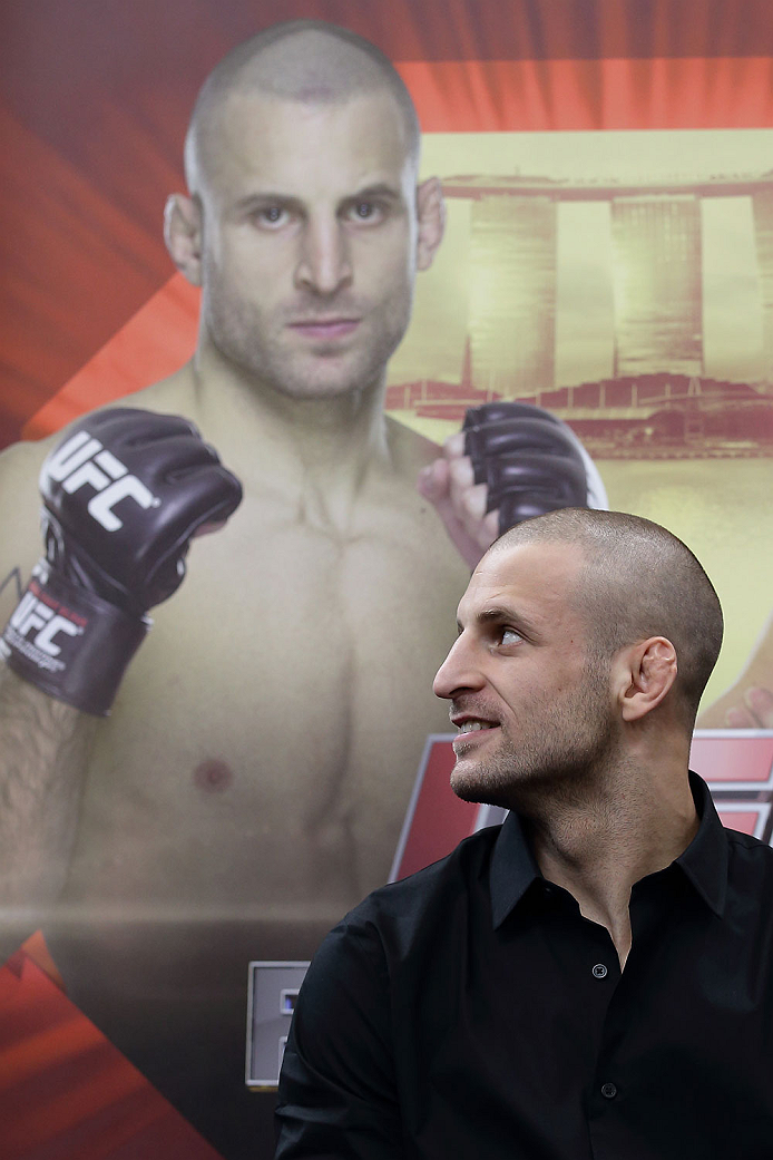 SINGAPORE - JANUARY 02: Tarec Saffiedine attends the UFC Fight Night Singapore Ultimate Media Day at the Skating Rink at The Shoppes at Marina Bay Sand on January 2, 2014 in Singapore. (Photo by Suhaimi Abdullah/Zuffa LLC)