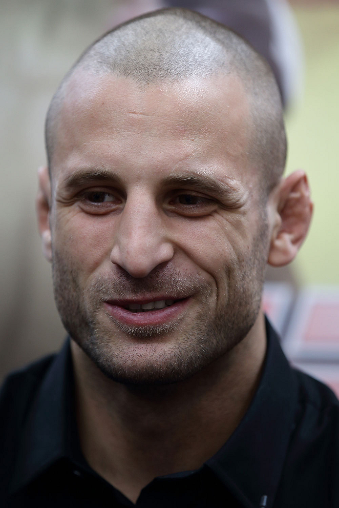 SINGAPORE - JANUARY 02: Tarec Saffiedine speaks to the media during the UFC Fight Night Singapore Ultimate Media Day at the Skating Rink at The Shoppes at Marina Bay Sand on January 2, 2014 in Singapore. (Photo by Suhaimi Abdullah/Zuffa LLC)