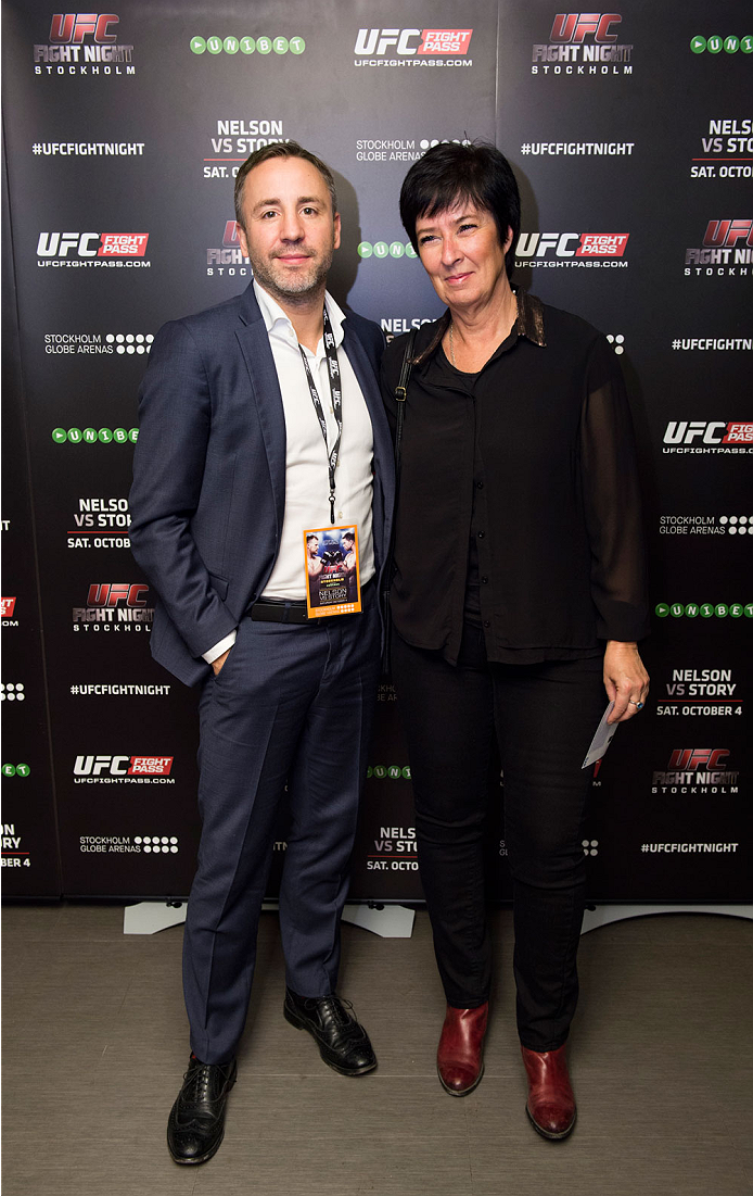 STOCKHOLM, SWEDEN - OCTOBER 4: Vice president for the International MMA Federation George Sallfeldt and former leader of Swedish Social Democrats Mona Sahlin at the UFC Fight Night at the Globe Arena on October 4, 2014 in Stockholm, Sweden. (Photo by Joel