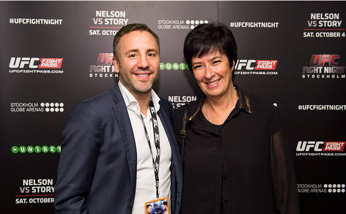 STOCKHOLM, SWEDEN - OCTOBER 4: Vice president for the International MMA Federation George Sallfeldt and former leader of Swedish Social Democrats Mona Sahlin at the UFC Fight Night at the Globe Arena on October 4, 2014 in Stockholm, Sweden. (Photo by Joel