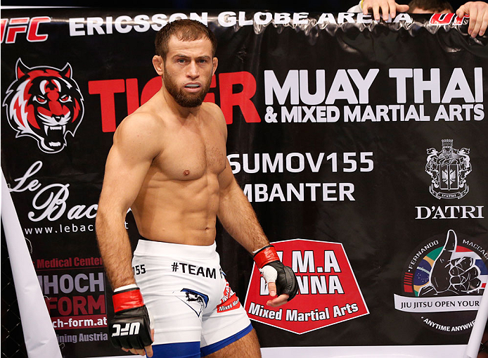 STOCKHOLM, SWEDEN - OCTOBER 04: Mairbek Taisumov of Russia stands in the Octagon before his lightweight bout against Marcin Bandel of Poland at the Ericsson Globe Arena on October 4, 2014 in Stockholm, Sweden. (Photo by Josh Hedges/Zuffa LLC/Zuffa LLC)