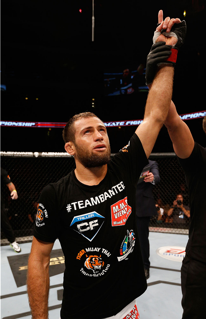 STOCKHOLM, SWEDEN - OCTOBER 04: Mairbek Taisumov of Russia celebrates after his knockout victory over Marcin Bandel of Poland in their lightweight bout at the Ericsson Globe Arena on October 4, 2014 in Stockholm, Sweden. (Photo by Josh Hedges/Zuffa LLC/
