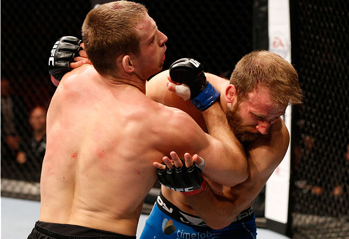 STOCKHOLM, SWEDEN - OCTOBER 04: (L-R) Krzysztof Jotko of Poland elbows Tor Troeng of Sweden in their middleweight bout at the Ericsson Globe Arena on October 4, 2014 in Stockholm, Sweden. (Photo by Josh Hedges/Zuffa LLC/Zuffa LLC)