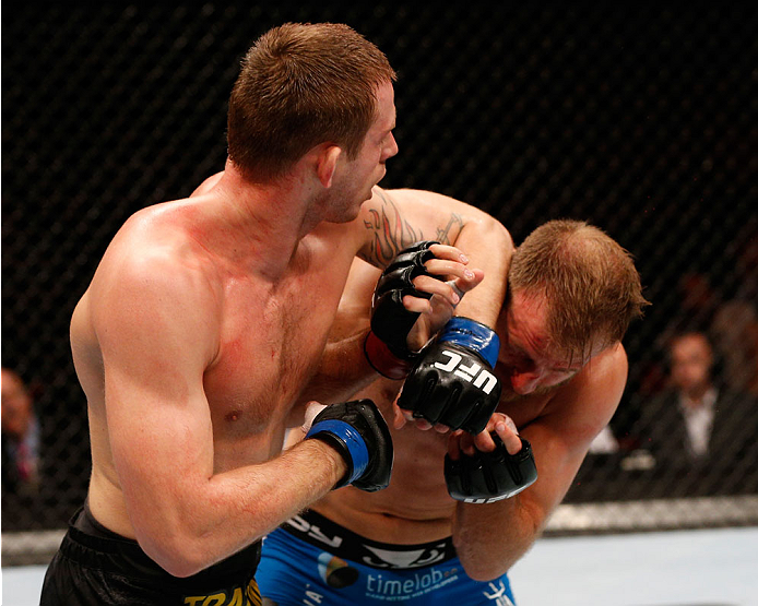 STOCKHOLM, SWEDEN - OCTOBER 04: (L-R) Krzysztof Jotko of Poland elbows Tor Troeng of Sweden in their middleweight bout at the Ericsson Globe Arena on October 4, 2014 in Stockholm, Sweden. (Photo by Josh Hedges/Zuffa LLC/Zuffa LLC)