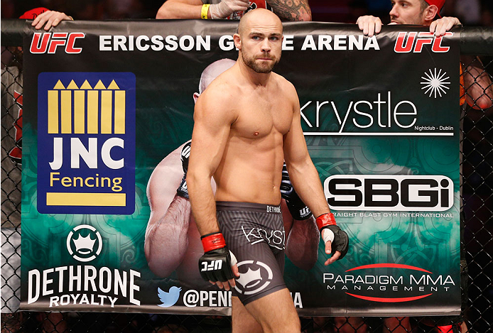STOCKHOLM, SWEDEN - OCTOBER 04: Cathal Pendred of Ireland stands in the Octagon before his welterweight bout against Gasan Umalatov of Russia at the Ericsson Globe Arena on October 4, 2014 in Stockholm, Sweden. (Photo by Josh Hedges/Zuffa LLC/Zuffa LLC)