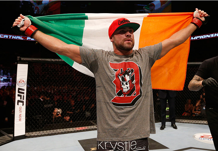 STOCKHOLM, SWEDEN - OCTOBER 04: Cathal Pendred of Ireland celebrates after his split-decision victory over Gasan Umalatov of Russia in their welterweight bout at the Ericsson Globe Arena on October 4, 2014 in Stockholm, Sweden. (Photo by Josh Hedges/Zuf