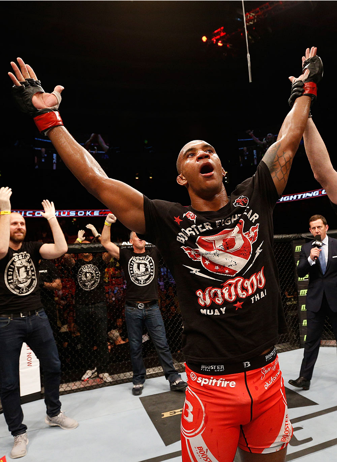 STOCKHOLM, SWEDEN - OCTOBER 04: Nico Musoke of Sweden celebrates after his decision victory over Alexander Yakovlev of Russia in their welterweight bout at the Ericsson Globe Arena on October 4, 2014 in Stockholm, Sweden. (Photo by Josh Hedges/Zuffa LLC