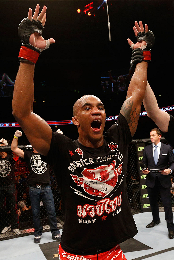 STOCKHOLM, SWEDEN - OCTOBER 04: Nico Musoke of Sweden celebrates after his decision victory over Alexander Yakovlev of Russia in their welterweight bout at the Ericsson Globe Arena on October 4, 2014 in Stockholm, Sweden. (Photo by Josh Hedges/Zuffa LLC