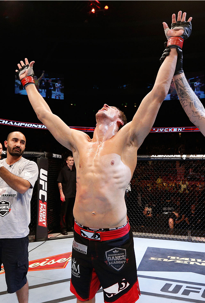 STOCKHOLM, SWEDEN - OCTOBER 04: Magnus Cedenblad of Sweden celebrates after his unanimous-decision victory over Scott Askham of England in their middleweight bout at the Ericsson Globe Arena on October 4, 2014 in Stockholm, Sweden. (Photo by Josh Hedges