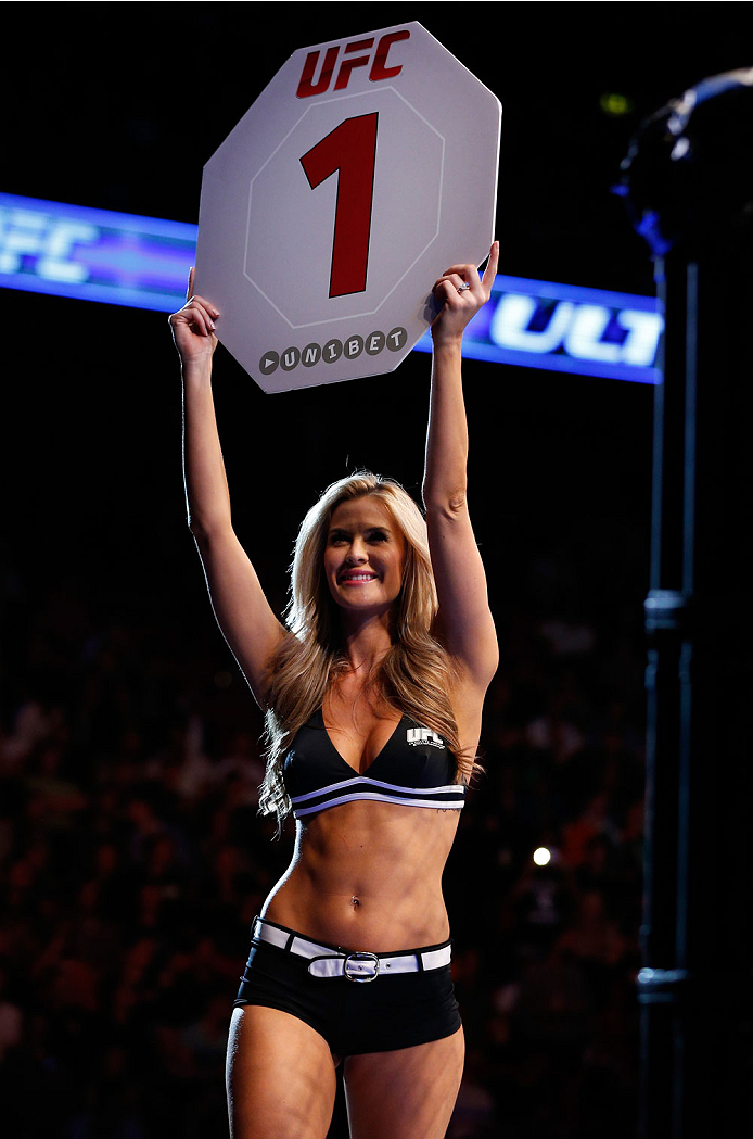 STOCKHOLM, SWEDEN - OCTOBER 04: UFC Octagon Girl Kristie Pearson introduces a round during the UFC Fight Night event at the Ericsson Globe Arena on October 4, 2014 in Stockholm, Sweden. (Photo by Josh Hedges/Zuffa LLC/Zuffa LLC)