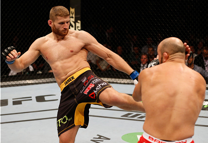 STOCKHOLM, SWEDEN - OCTOBER 04: (L-R) Jan Blachowicz of Poland kicks Ilir Latifi of Sweden in their light heavyweight bout at the Ericsson Globe Arena on October 4, 2014 in Stockholm, Sweden. (Photo by Josh Hedges/Zuffa LLC/Zuffa LLC)