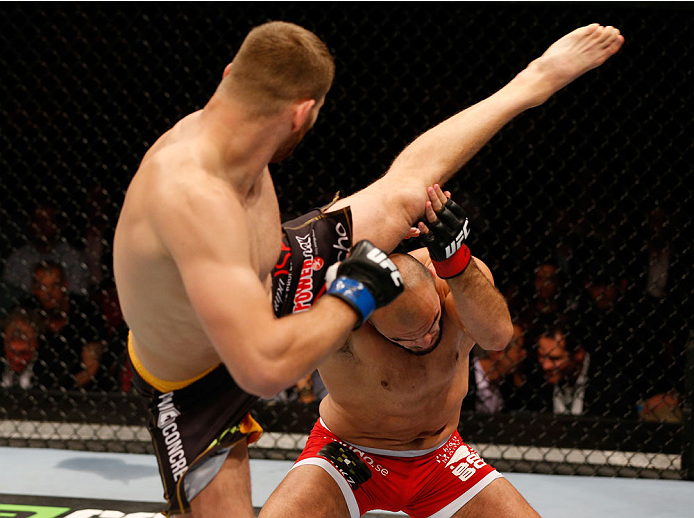 STOCKHOLM, SWEDEN - OCTOBER 04: (L-R) Jan Blachowicz of Poland kicks Ilir Latifi of Sweden in their light heavyweight bout at the Ericsson Globe Arena on October 4, 2014 in Stockholm, Sweden. (Photo by Josh Hedges/Zuffa LLC/Zuffa LLC)