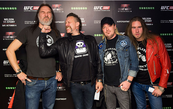 STOCKHOLM, SWEDEN - OCTOBER 4: Stam Johansson and Ralf Gyllenhammar from the Swedish rock band Mustasch together with friends at the UFC Fight Night at the Globe Arena on October 4, 2014 in Stockholm, Sweden. (Photo by Joel Marklund/Zuffa LLC via Getty Im