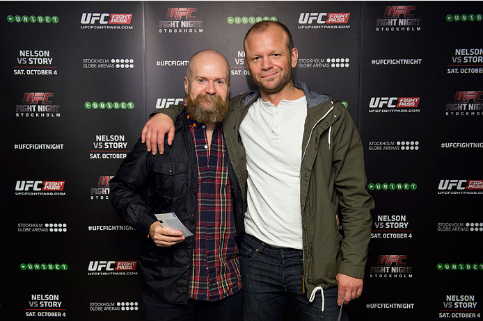 STOCKHOLM, SWEDEN - OCTOBER 4: Swedish musician Alexander Bard and Fredric Jacobson at the UFC Fight Night at the Globe Arena on October 4, 2014 in Stockholm, Sweden. (Photo by Joel Marklund/Zuffa LLC via Getty Images)