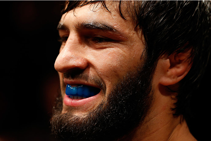 STOCKHOLM, SWEDEN - OCTOBER 04: Zubaira Tukhugov of Russia prepares to enter the Octagon before his featherweight bout against Ernest Chavez at the Ericsson Globe Arena on October 4, 2014 in Stockholm, Sweden. (Photo by Josh Hedges/Zuffa LLC/Zuffa LLC)