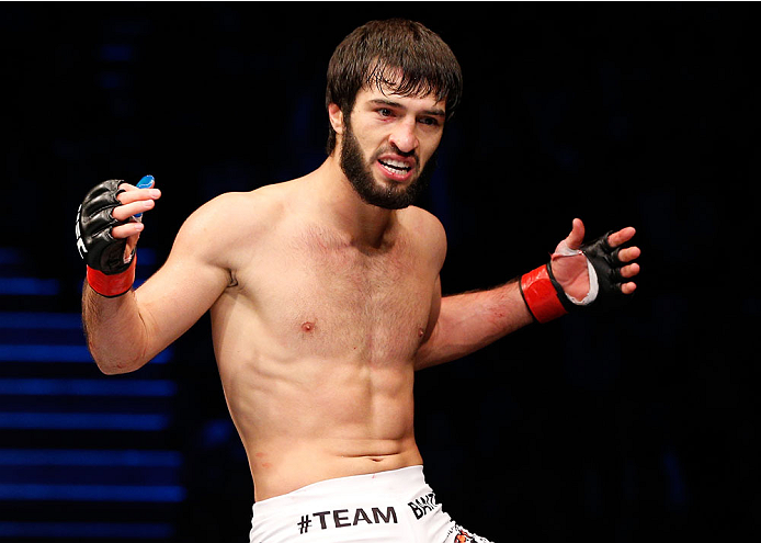 STOCKHOLM, SWEDEN - OCTOBER 04: Zubaira Tukhugov of Russia celebrates after his knockout victory over Ernest Chavez in their featherweight bout at the Ericsson Globe Arena on October 4, 2014 in Stockholm, Sweden. (Photo by Josh Hedges/Zuffa LLC/Zuffa LL