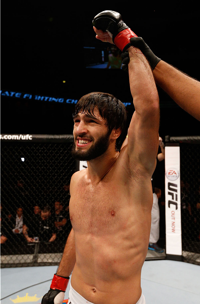 STOCKHOLM, SWEDEN - OCTOBER 04: Zubaira Tukhugov of Russia celebrates after his knockout victory over Ernest Chavez in their featherweight bout at the Ericsson Globe Arena on October 4, 2014 in Stockholm, Sweden. (Photo by Josh Hedges/Zuffa LLC/Zuffa LL
