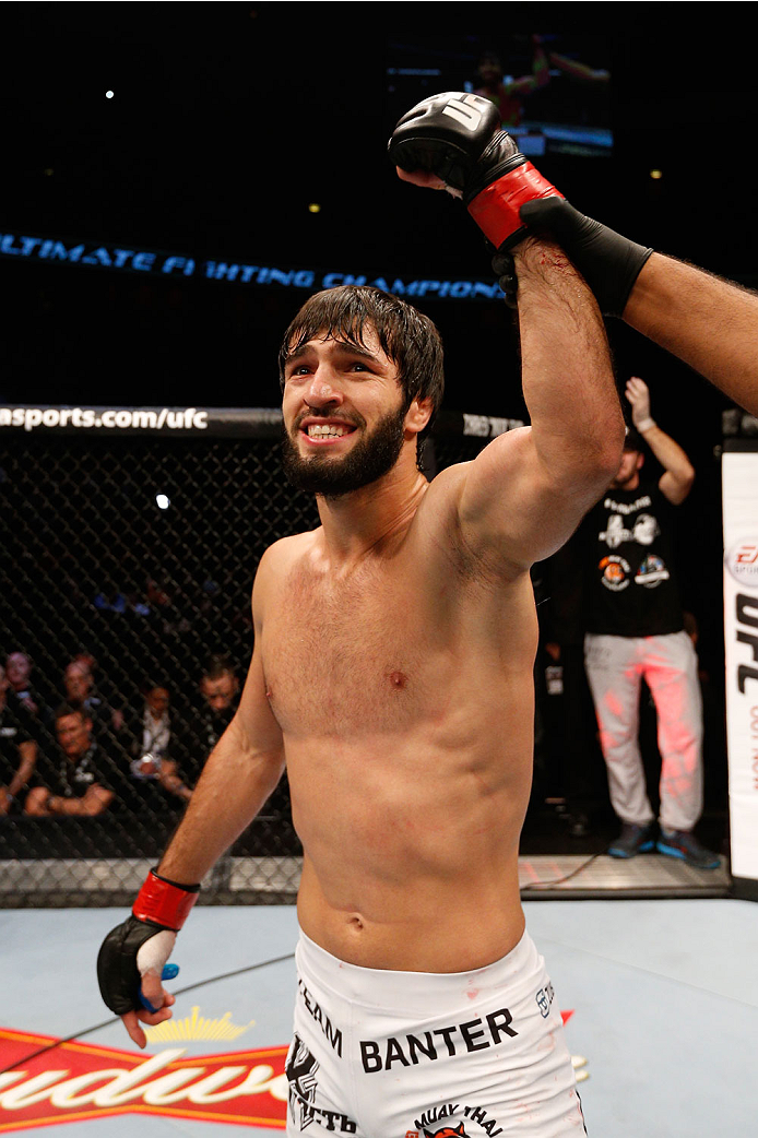 STOCKHOLM, SWEDEN - OCTOBER 04: Zubaira Tukhugov of Russia celebrates after his knockout victory over Ernest Chavez in their featherweight bout at the Ericsson Globe Arena on October 4, 2014 in Stockholm, Sweden. (Photo by Josh Hedges/Zuffa LLC/Zuffa LL