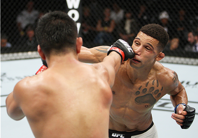SAITAMA, JAPAN - SEPTEMBER 27: Naoyuki Kotani of Japan punches Kajan Johnson of Canada in their lightweight bout during the UFC event at the Saitama Super Arena on September 27, 2015 in Saitama, Japan. (Photo by Mitch Viquez/Zuffa LLC/Zuffa LLC via Getty