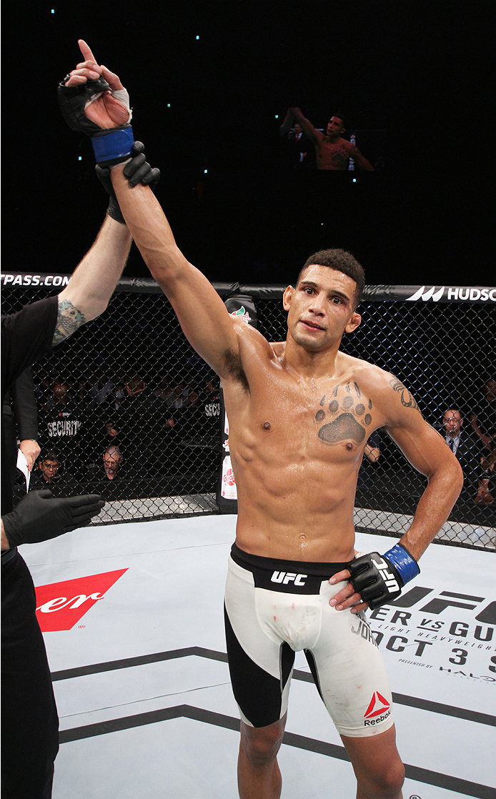 SAITAMA, JAPAN - SEPTEMBER 27: Kajan Johnson of Canada after his win over Naoyuki Kotani of Japan in their lightweight bout during the UFC event at the Saitama Super Arena on September 27, 2015 in Saitama, Japan. (Photo by Mitch Viquez/Zuffa LLC/Zuffa LL