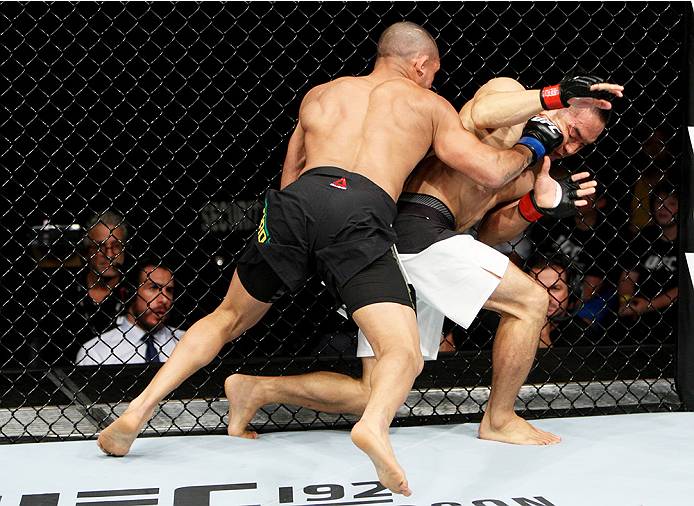SAITAMA, JAPAN - SEPTEMBER 27: Diego Brandao of Brazil punches Katsunori Kikuno of Japan in their featherweight bout during the UFC event at the Saitama Super Arena on September 27, 2015 in Saitama, Japan. (Photo by Mitch Viquez/Zuffa LLC/Zuffa LLC via Ge