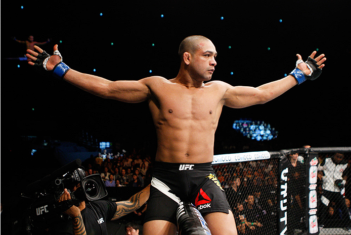 SAITAMA, JAPAN - SEPTEMBER 27: Diego Brandao of Brazil celebrates after his first round win over Katsunori Kikuno of Japan in their featherweight bout during the UFC event at the Saitama Super Arena on September 27, 2015 in Saitama, Japan. (Photo by Mitch