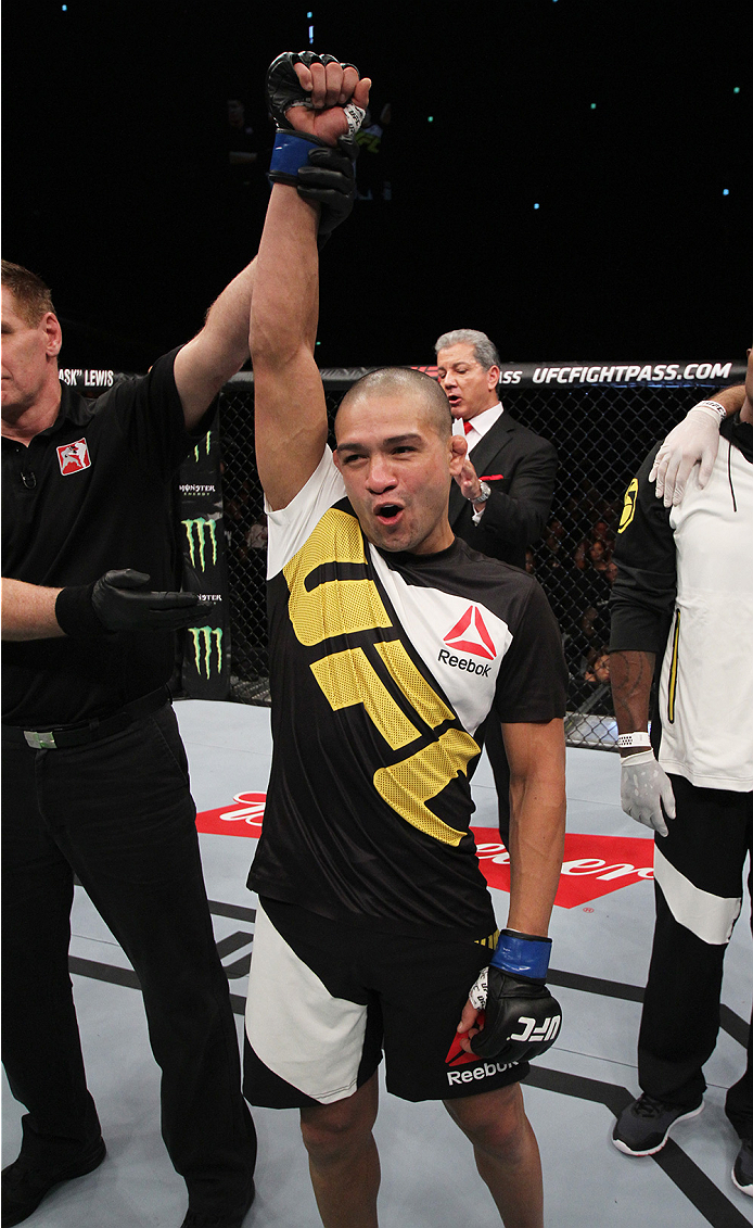 SAITAMA, JAPAN - SEPTEMBER 27: Diego Brandao of Brazil celebrates after his first round win over Katsunori Kikuno of Japan in their featherweight bout during the UFC event at the Saitama Super Arena on September 27, 2015 in Saitama, Japan. (Photo by Mitch