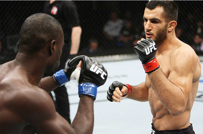 SAITAMA, JAPAN - SEPTEMBER 27: (From L to R) Uriah Hall of Jamaica and Gegard Mousaasi of Iran look for an opening in their middleweight bout during the UFC event at the Saitama Super Arena on September 27, 2015 in Saitama, Japan. (Photo by Mitch Viquez/Z