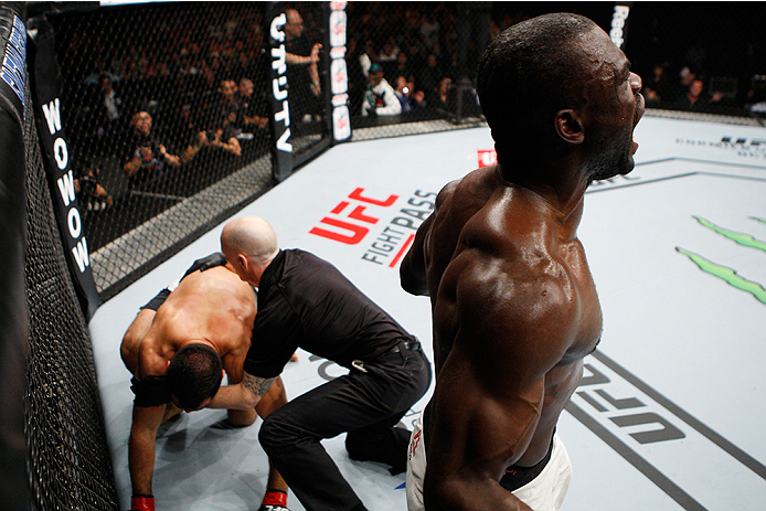 SAITAMA, JAPAN - SEPTEMBER 27: Uriah Hall of Jamaica celebrates his win over Gegard Mousaasi of Iran in their middleweight bout during the UFC event at the Saitama Super Arena on September 27, 2015 in Saitama, Japan. (Photo by Mitch Viquez/Zuffa LLC/Zuffa