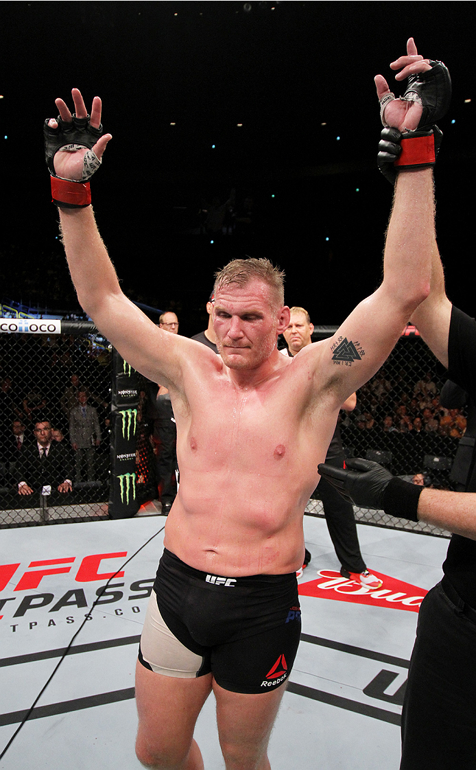 SAITAMA, JAPAN - SEPTEMBER 27: Josh Barnett of the United States of America reacts to his win over Roy Nelson of the United States of America in their heavyweight bout during the UFC event at the Saitama Super Arena on September 27, 2015 in Saitama, Japan