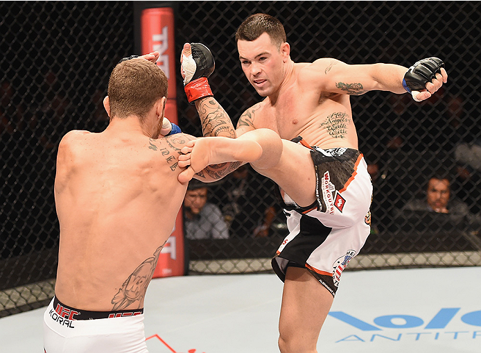UBERLANDIA, BRAZIL - NOVEMBER 08: Colby Covington of the United States kicks Wagner Silva of Brazil in their welterweight bout during the UFC Fight Night at Sabiazinho Gymnasium on November 8, 2014 in Uberlandia, Brazil. (Photo by Buda Mendes/Zuffa LLC/Zu