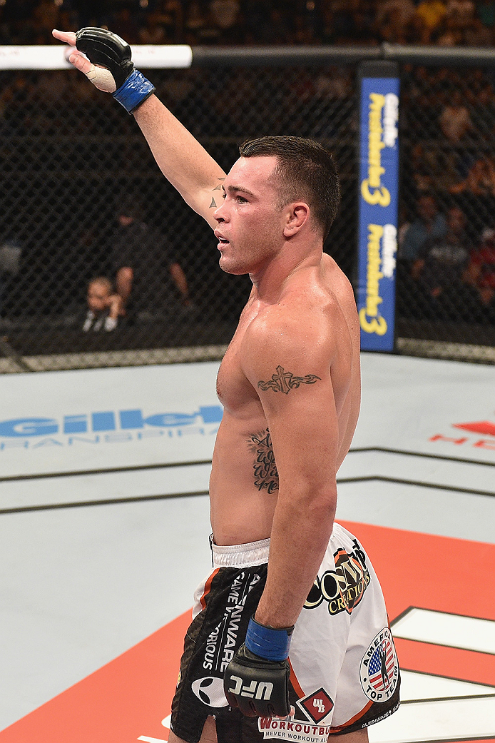 UBERLANDIA, BRAZIL - NOVEMBER 08: Colby Covington of the United States celebrates after his victory over Wagner Silva of Brazil in their welterweight bout during the UFC Fight Night at Sabiazinho Gymnasium on November 8, 2014 in Uberlandia, Brazil. (Pho