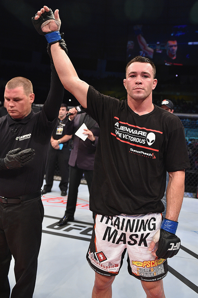 UBERLANDIA, BRAZIL - NOVEMBER 08: Colby Covington of the United States celebrates after his victory over Wagner Silva of Brazil in their welterweight bout during the UFC Fight Night at Sabiazinho Gymnasium on November 8, 2014 in Uberlandia, Brazil. (Pho