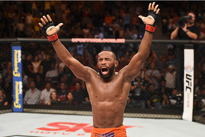 UBERLANDIA, BRAZIL - NOVEMBER 08: Leandro Silva of Brazil celebrates his victory over Charlie Brenneman of the United States in their lightweight bout during the UFC Fight Night at Sabiazinho Gymnasium on November 8, 2014 in Uberlandia, Brazil. (Photo