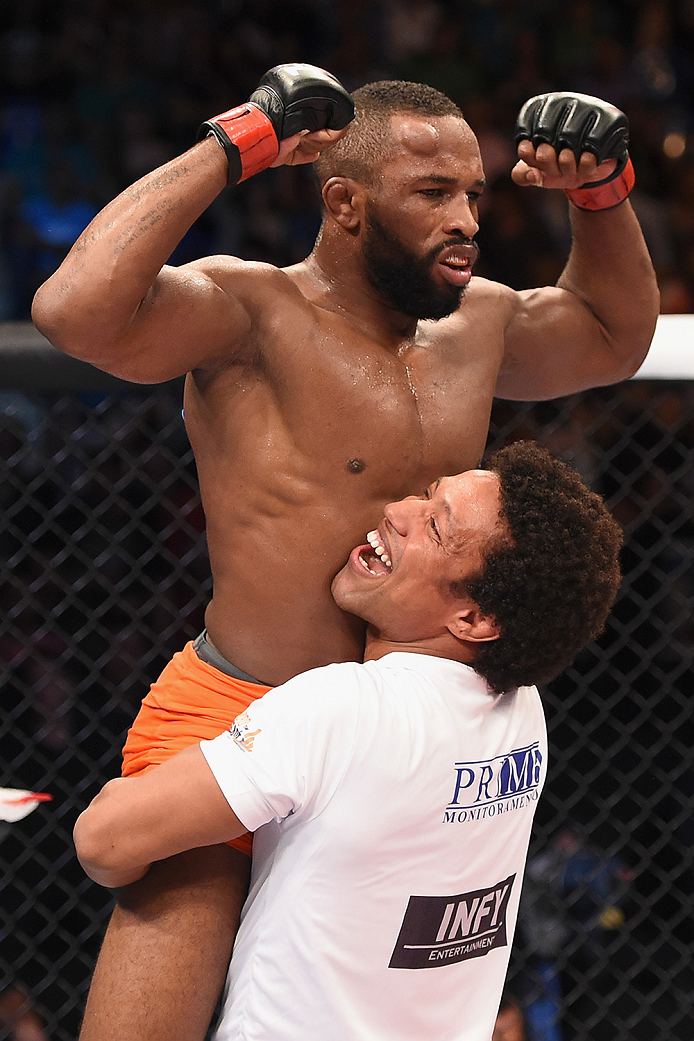 UBERLANDIA, BRAZIL - NOVEMBER 08: Leandro Silva of Brazil celebrates his victory over Charlie Brenneman of the United States in their lightweight bout during the UFC Fight Night at Sabiazinho Gymnasium on November 8, 2014 in Uberlandia, Brazil. (Photo