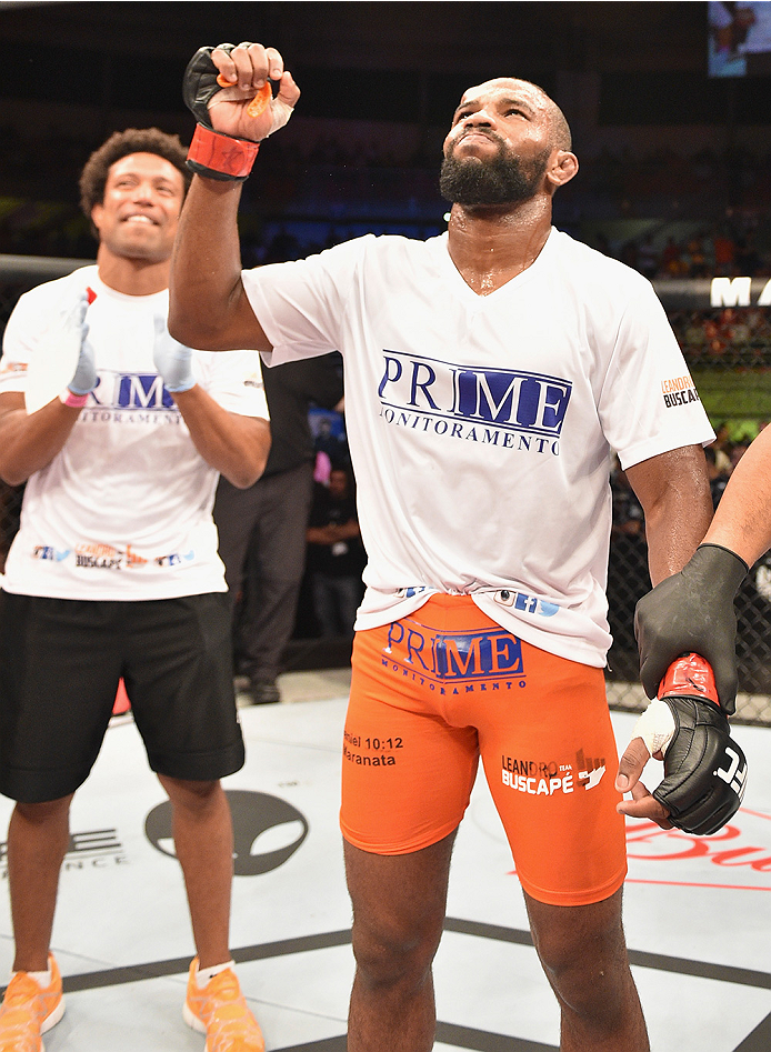 UBERLANDIA, BRAZIL - NOVEMBER 08: Leandro Silva of Brazil celebrates his victory over Charlie Brenneman of the United States in their lightweight bout during the UFC Fight Night at Sabiazinho Gymnasium on November 8, 2014 in Uberlandia, Brazil. (Photo