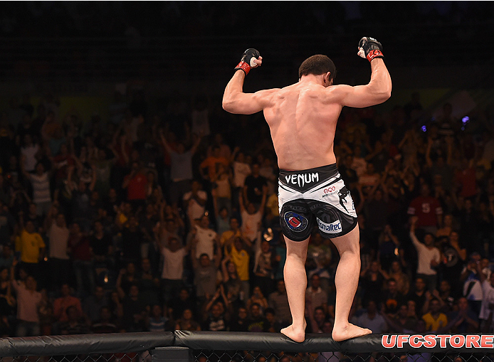 UBERLANDIA, BRAZIL - NOVEMBER 08: Caio Magalhaes celebrates after his victory over Trevor Smith of the United States in their middleweight bout during the UFC Fight Night at Sabiazinho Gymnasium on November 8, 2014 in Uberlandia, Brazil. (Photo by Buda