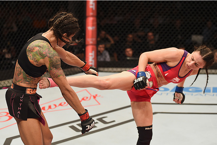 UBERLANDIA, BRAZIL - NOVEMBER 08: Nina Ansaroff of the United States kicks Juliana Lima of Brazil in their strawweight bout during the UFC Fight Night at Sabiazinho Gymnasium on November 8, 2014 in Uberlandia, Brazil. (Photo by Buda Mendes/Zuffa LLC/Zuf