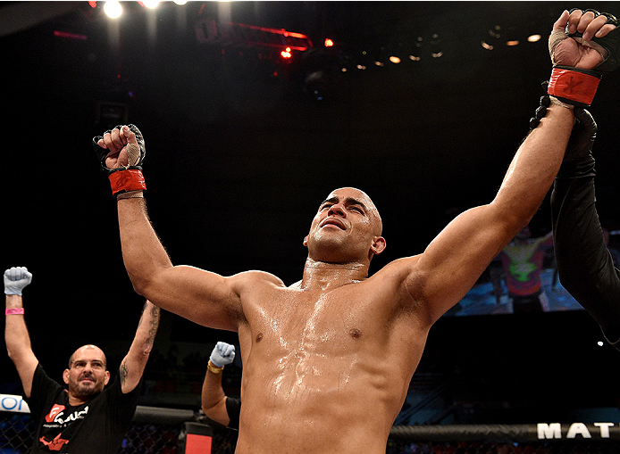UBERLANDIA, BRAZIL - NOVEMBER 08: Warlley Alves of Brazil celebrates after his victory over Alan Jouban of the United States in their welterweight bout during the UFC Fight Night at Sabiazinho Gymnasium on November 8, 2014 in Uberlandia, Brazil. (Photo