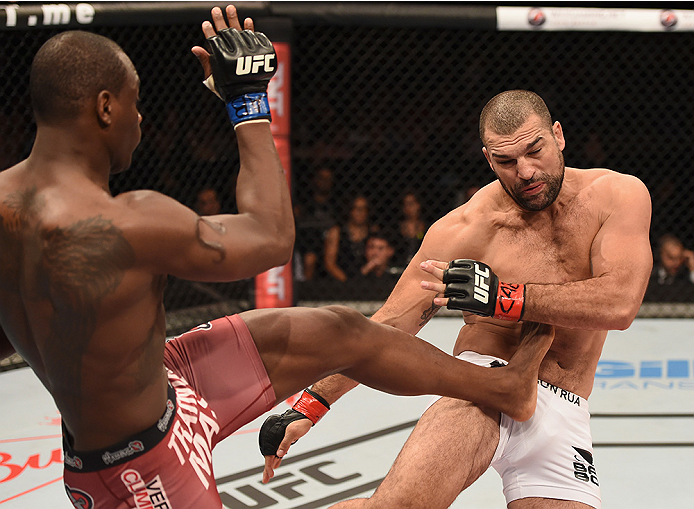 UBERLANDIA, BRAZIL - NOVEMBER 08: Ovince Saint Preux of the United States kicks Mauricio Shogun Rua of Brazil in their light heavyweight bout during the UFC Fight Night at Sabiazinho Gymnasium on November 8, 2014 in Uberlandia, Brazil. (Photo by Buda Me