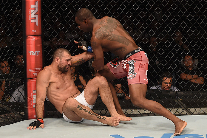 UBERLANDIA, BRAZIL - NOVEMBER 08: Ovince Saint Preux of the United States punches Mauricio Shogun Rua of Brazil in their light heavyweight bout during the UFC Fight Night at Sabiazinho Gymnasium on November 8, 2014 in Uberlandia, Brazil. (Photo by Buda