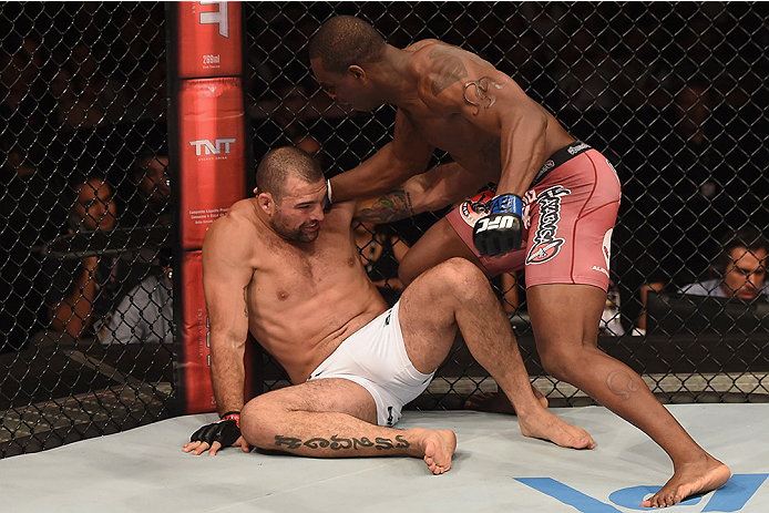 UBERLANDIA, BRAZIL - NOVEMBER 08: Ovince Saint Preux of the United States punches Mauricio Shogun Rua of Brazil in their light heavyweight bout during the UFC Fight Night at Sabiazinho Gymnasium on November 8, 2014 in Uberlandia, Brazil. (Photo by Buda