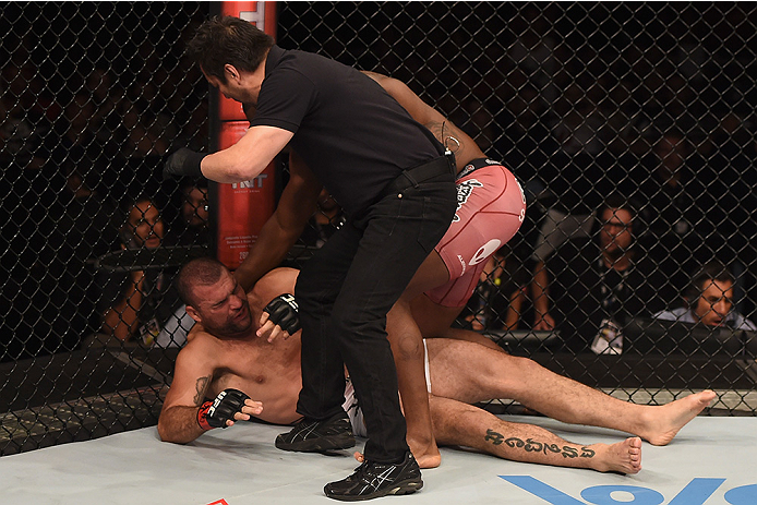 UBERLANDIA, BRAZIL - NOVEMBER 08: Ovince Saint Preux of the United States punches Mauricio Shogun Rua of Brazil in their light heavyweight bout during the UFC Fight Night at Sabiazinho Gymnasium on November 8, 2014 in Uberlandia, Brazil. (Photo by Buda