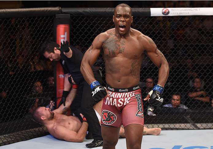 UBERLANDIA, BRAZIL - NOVEMBER 08: Ovince Saint Preux of the United States celebrates after defeating Mauricio Shogun Rua of Brazil by TKO in their light heavyweight bout during the UFC Fight Night at Sabiazinho Gymnasium on November 8, 2014 in Uberlandia