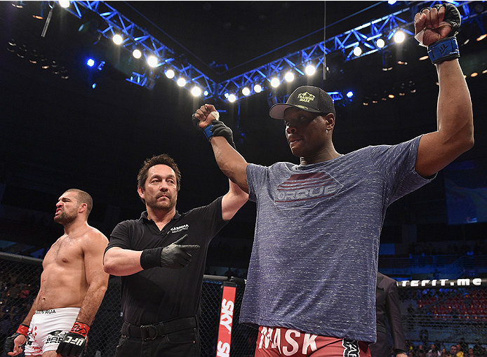 UBERLANDIA, BRAZIL - NOVEMBER 08: Ovince Saint Preux celebrates after defeating Mauricio 'Shogun' Rua of Brazil by TKO in their light heavyweight bout during the UFC Fight Night at Sabiazinho Gymnasium on November 8, 2014 in Uberlandia, Brazil. (Photo b