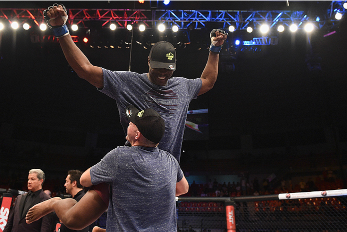 UBERLANDIA, BRAZIL - NOVEMBER 08: Ovince Saint Preux celebrates after defeating Mauricio 'Shogun' Rua of Brazil by TKO in their light heavyweight bout during the UFC Fight Night at Sabiazinho Gymnasium on November 8, 2014 in Uberlandia, Brazil. (Photo b